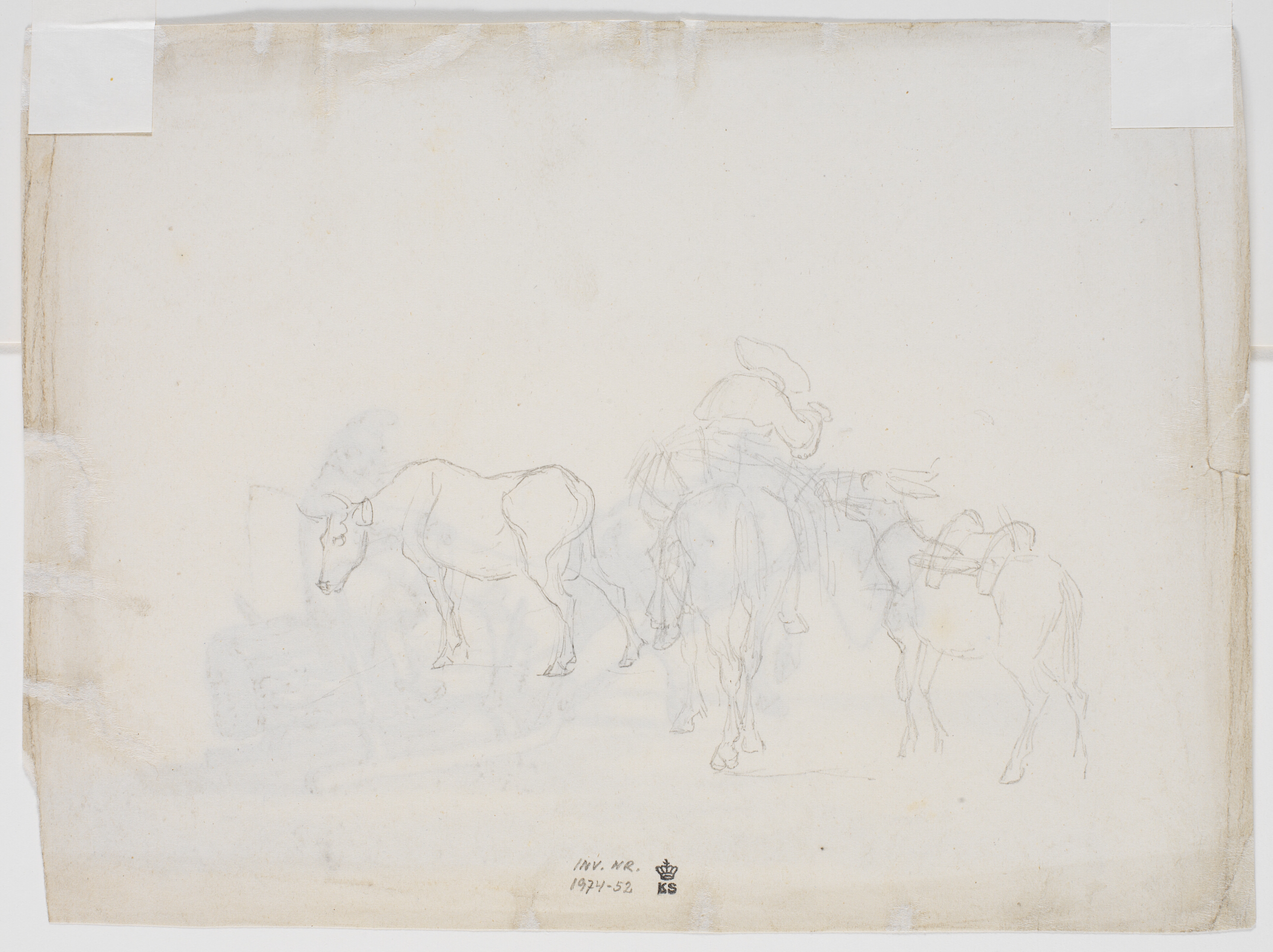 Skitse med æselrytter, et æsel og en ko